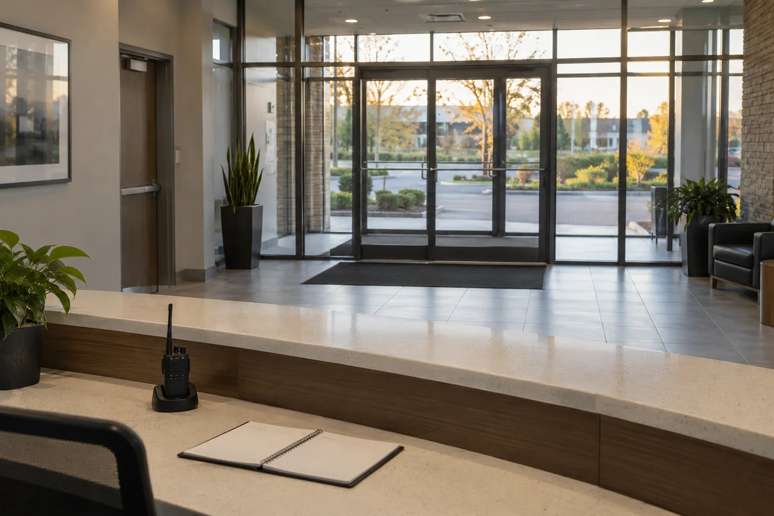 Commercial lobby viewed from a reception desk with a radio and visitor book